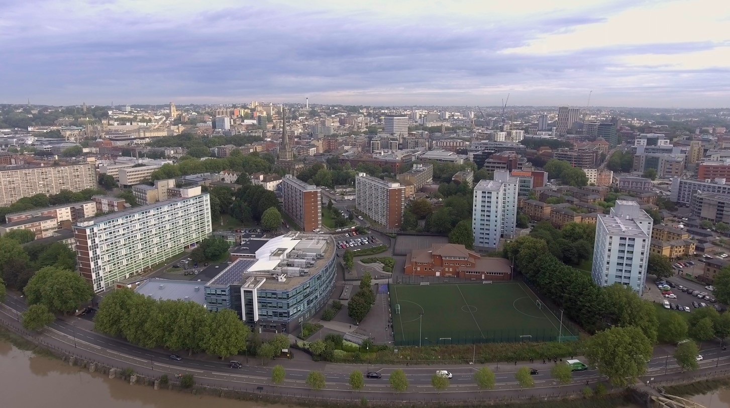 Drone picture of Bristol with SMRT school in the foreground, and Bristol in the background