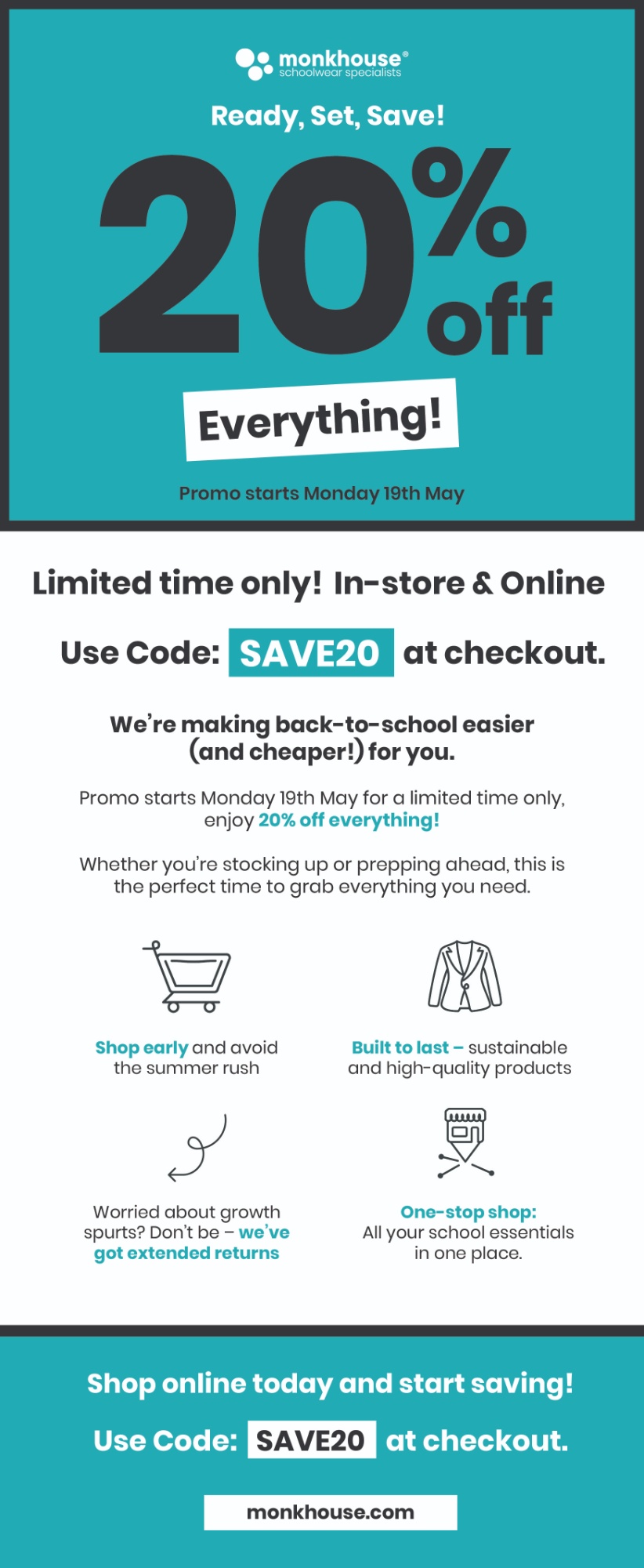 Monkhouse 20 percent off promotion flyer