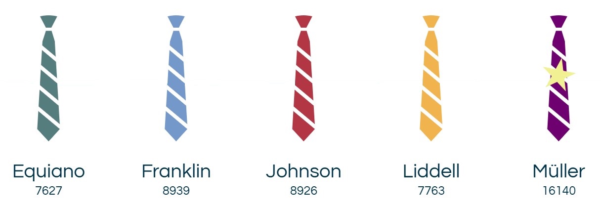 5 ties with 5 house names and points for each house 