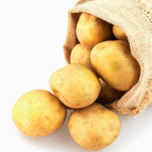 A cloth sack with several potatoes tumbling out.