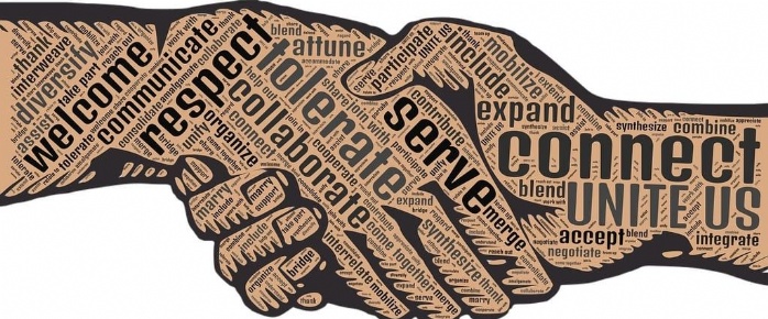 Illustration of a handshake with words that say, connect united. Two hands shaking each other over a word cloud. 
