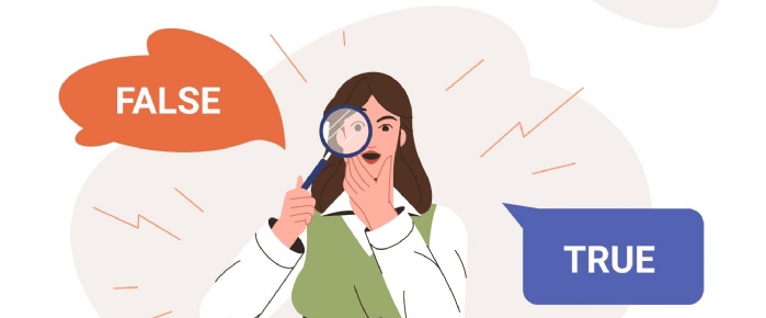Girl holding magnifying glass up to her eye and 2 speech bubbles saying true and false