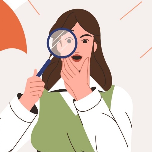 Girl holding magnifying glass up to her eye and 2 speech bubbles saying true and false